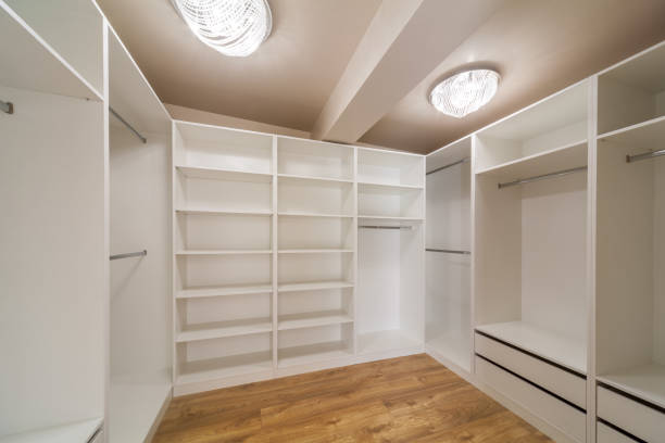 Big empty wardrobe in dressing room. Large wardrobe room, with empty shelves. Interior of modern empty dressing room, wardrobe.