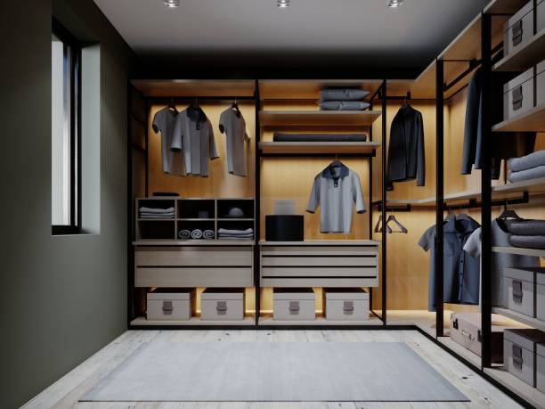 The design of the wardrobe in the bedroom in dark colors, the color of the walls is olive. 3D rendering.